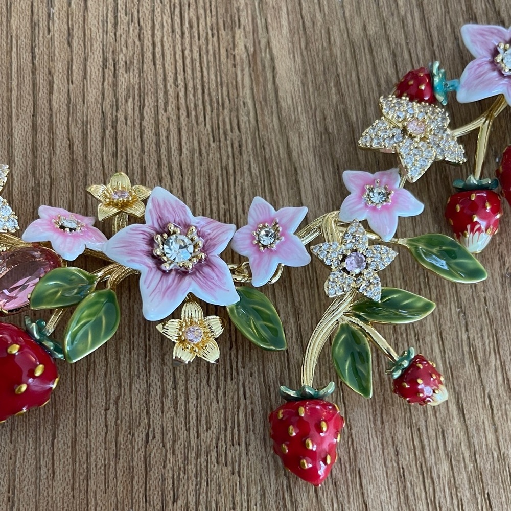Anthropologie Pink, Red & Green Strawberry Floral Necklace - Picture 5 of 10